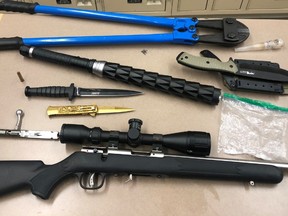Wetaskiwin RCMP have laid charges against two people after police seized weapons, drugs and break-in tools during a traffic stop on Aug. 26, 2021. Supplied photo/RCMP