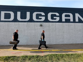 Police work at the scene of a Sunday shooting that left one dead and six injured at the Duggan Community Hall, 3728 106 St., Monday, Aug. 30, 2021.