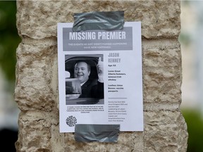 A mock missing poster for Alberta Premier Jason Kenney is seen taped to post near Edmonton City Hall, Friday Aug. 27, 2021. Kenney is currently on vacation. Photo by David Bloom