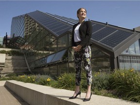 Melissa Radu, director of social and environmental sustainability with Explore Edmonton, outside the Edmonton Convention Centre on Tuesday, Aug. 17, 2021. This week Edmonton becomes the first city in Western Canada to join the Global Destination Sustainability Index, a global partnership that measures, benchmarks and improves sustainability strategy and performance of meetings, events, and business tourism destinations.