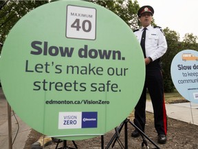EPS Inspector Keith Johnson speaks to the media about Edmonton's new 40 km/h speed limit for residential streets, Friday Aug. 6, 2021. Photo by David Bloom