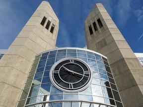 The clock tower at MacEwan University in Edmonton.
