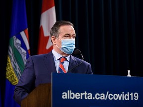 Premier Jason Kenney announces the province's new COVID restrictions at McDougall Centre in Calgary on Friday, Sept. 3, 2021.