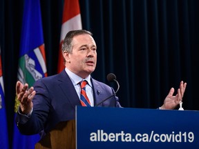 Premier Jason Kenney announces the province’s new COVID restrictions at McDougall Centre in Calgary on Friday, Sept. 3, 2021.