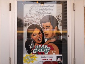 The Bear Grease poster on the doors of the Garneau Theatre.