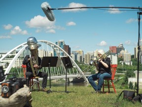 A behind the scenes shot featuring classical musicians from Chamber, the Colin Waugh film screening at the Edmonton International Film Festival.