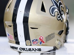 A detail of the September 11th tribute ribbon on a New Orleans Saints helmet against the Green Bay Packers at TIAA Bank Field on September 12, 2021 in Jacksonville, Florida.