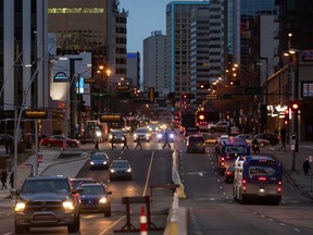 Jasper Avenue is seen from 111 Street in Edmonton, on Wednesday, Nov. 4, 2020.