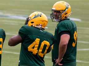 Cole Nelson (91) is seen during Edmonton Elks training camp at Commonwealth Stadium in Edmonton, on Tuesday, July 20, 2021.