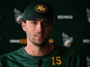 Edmonton Elks quarterback Taylor Cornelius (15) is interviewed following walk-through practice at Commonwealth Stadium ahead of the Sept. 18th game against the Winnipeg Blue Bombers in Edmonton, on Friday, Sept. 17, 2021.