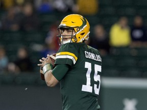 The Edmonton Elks quarterback Taylor Cornelius (15) battles the Winnipeg Blue Bombers during first half CFL action at Commonwealth Stadium, in Edmonton Saturday Sept. 18, 2021.