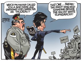 Name-caller Justin Trudeau complains when protesters call him names. (Cartoon by Malcolm Mayes)