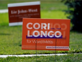 Edmonton municipal election sign on Sept. 6, 2021, for candidate Cori Longo who is running for city council in Ward Metis.