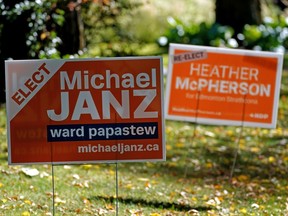 Edmonton municipal election sign for Michael Janz, who is running for city council in Ward papastew. Janz, a current board trustee for Edmonton Public Schools, has been endorsed by NDP MLA Sarah Hoffman and both were on the email list for the Election Readiness Coalition.