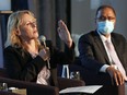Edmonton mayoralty candidate Kim Krushell, left, speaks at a mayoral forum held at the Westin Hotel in Edmonton on Sept. 9, 2021.