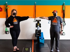 Action Potential Fitness co-owners Zita Dube-Lockhart (left) and Toni Harris have run their gymnasium business through the changing COVID-19 restrictions imposed by the provincial government in Edmonton, on Friday, Sept. 17, 2021. The gym has a mandatory vaccination program to keep their clients safe.