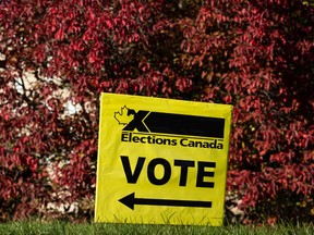 An Elections Canada vote sign is seen at Lister Centre, a residence and an Elections Canada polling station at the University of Alberta, during the 2021 Federal Election in Edmonton, on Monday, Sept. 20, 2021.