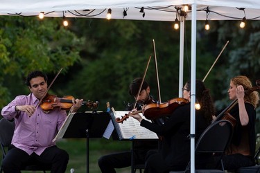 The Vaughan String Quartet, comprised of Vladimir Rufino on violin, Mattia Berrini on violin, Fabiola Amorim on viola and Silvia Buttiglione on cello, perform an outdoor concert at Festival Place in Sherwood Park, on Friday, Sept. 24, 2021.