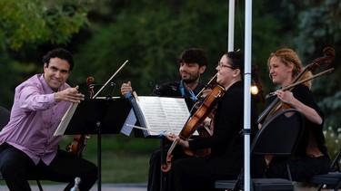 The Vaughan String Quartet, comprised of Vladimir Rufino on violin, Mattia Berrini on violin, Fabiola Amorim on viola and Silvia Buttiglione on cello, perform an outdoor concert at Festival Place in Sherwood Park, on Friday, Sept. 24, 2021.