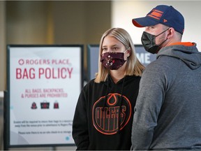 Patrons attending the Edmonton Oilers hockey game on Tuesday, Sept. 28, 2021, faced tighter security as everyone entering Rogers Place had to prove double COVID-19 vaccination or a recent PCR test. All bags have also been banned from games this season.