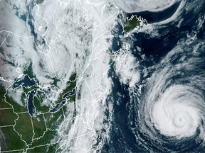 A satellite image shows Hurricane Larry in the Atlantic Ocean, moving north towards Newfoundland September 5, 2021.