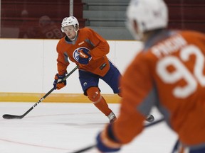 Filip Berglund (left) and Ziyat Paigin drill during the Edmonton Oilers Development Camp at Jasper Arena on Wednesday, July 5, 2017.