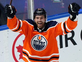 Edmonton Oiler Brendan Perlini celebrates his second period goal against the Seattle Kraken during National Hockey League pre-season game action in Edmonton on Tuesday September 28, 2021.