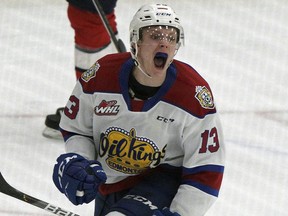 Edmonton Oil Kings Caleb Reimer celebrates after scoring on the Lethbridge Hurricanes during WHL hockey game action in Edmonton on Saturday April 17, 2021.