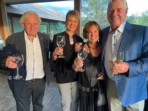 Some of Canada's top wines were sampled recently at the Royal Mayfair Golf Club when Edmonton lawyer Jack Agrios and his wife Jean invited old friends Dennis O'Rourke and wife Elizabeth to cohost a tasting of O'Rourke's Okanagan Peak Cellar wines. Enjoying the evening are, left to right, Jack Agrios, Elizabeth O'Rourke, Jean Agrios and Dennis O'Rourke.