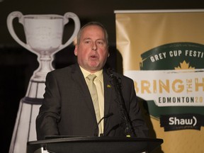 Len Rhodes, President and CEO of the Edmonton Eskimos speaks during a pass conference to announce the festival lineup at the 2018 Grey Cup , taken on Wednesday, Sept. 19, 2018 in Edmonton.