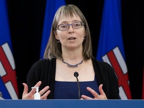 Alberta's chief medical officer of health Dr. Deena Hinshaw provides an update on the province's response to the fourth wave of the COVID-19 pandemic during a press conference in Edmonton on Sept. 15, 2021.