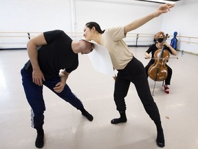 Diego Ramalho and Yoko Kanomata with Ballet Edmonton are rehearsing with cellist Ronda Metszies for the first performance of its new season this weekend.