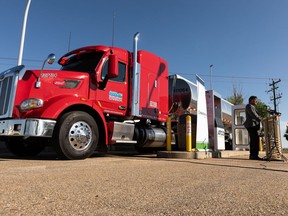 Chris Nash, President, Alberta Motor Transport Association, speaks during a press conference at the ATCO Natural Gas Refueling Station at Edmonton International Airport in Nisku on Thursday, Aug. 12, 2021.