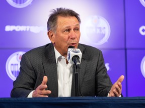 Edmonton Oilers general manager and president of hockey operations Ken Holland speaks on the opening day of 2021-22 training camp at Rogers Place in Edmonton on Sept. 22, 2021.