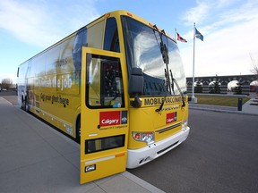 The exterior of a mobile vaccination bus is shown in southeast Calgary on Wednesday, October 27, 2021.