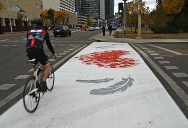A commemorative crosswalk in honour of residential school survivors was painted at the intersection of 99 Street and 103a Avenue for the first National Day for Truth and Reconciliation in Edmonton, September 30, 2021.