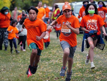 Hundreds of people gathered at Kinsmen Park in Edmonton on Thursday September 30, 2021 to participate in the Orange Shirt Day Run-Walk, marking the first National Day for Truth and Reconciliation in Canada.