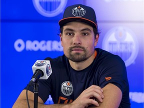 Cody Ceci (5) speaks to the media after the Edmonton Oilers practice at the Downtown Community Arena on Wednesday, Oct. 6, 2021  in Edmonton.    Greg Southam-Postmedia
