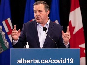 Premier Jason Kenney speaks during a COVID-19 update announcing the availability of a government-supported verification app to check proof of vaccination with a QR code during a press conferencev in Edmonton, on Tuesday, Oct. 12, 2021.