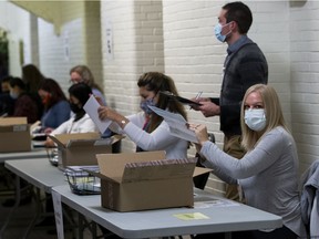 Ballot processors prepare municipal election ballots to be counted at the Prince of Wales Armoury on Monday, Oct. 18, 2021 in Edmonton.