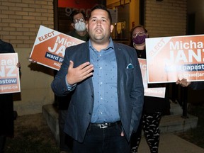 Michael Janz speaks to supporters on election night 2021. The Ward papastew councillor recently announced a code of conduct complaint filed against him by the Edmonton Police Association has been dismissed.
