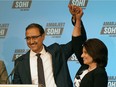 Amarjeet Sohi celebrates with his wife Sarbjeet at the Matrix Hotel in Edmonton on Monday, Oct. 18, 2021 after being elected mayor of Edmonton.