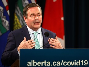Premier Jason Kenney, along with Health Minister Jason Copping provide an update on COVID-19 and the ongoing work to protect public health at the McDougall Centre in Calgary on Oct. 5, 2021.