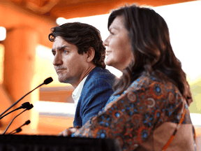Prime Minister Justin Trudeau and Kukpi7 Rosanne Casimir speak to the media and Tk'emlups te Secweepemc community members and First Nations leaders at the Tk'emlups Pow wow Arbour in Kamloops, B.C., October 18, 2021.