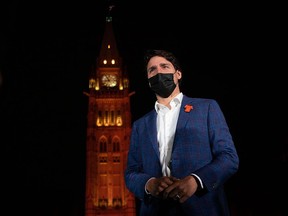 Prime Minister Justin Trudeau participates in a ceremony on Parliament Hill on the eve of the first National Day of Truth and Reconciliation, on Sept. 29, 2021 in Ottawa.