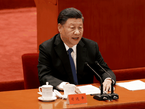 Chinese President Xi Jinping speaks at a meeting commemorating the 110th anniversary of Xinhai Revolution at the Great Hall of the People in Beijing, October 9, 2021.