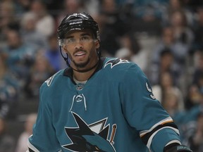 In this Oct. 13, 2019, file photo, San Jose Sharks left wing Evander Kane against the Calgary Flames during an NHL hockey game in San Jose, Calif.