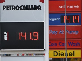 Some of the gas prices at the pump have shot up to 141.9 along 107 Ave. in Edmonton, October 6, 2021.