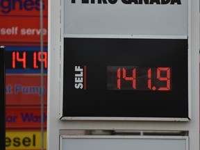 Some of the gas prices at the pump have shot up to 141.9 along 107 Ave. in Edmonton, October 6, 2021.