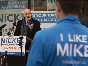 Edmonton mayoral candidate Mike Nickel holds a news conference Oct. 6, 2021.